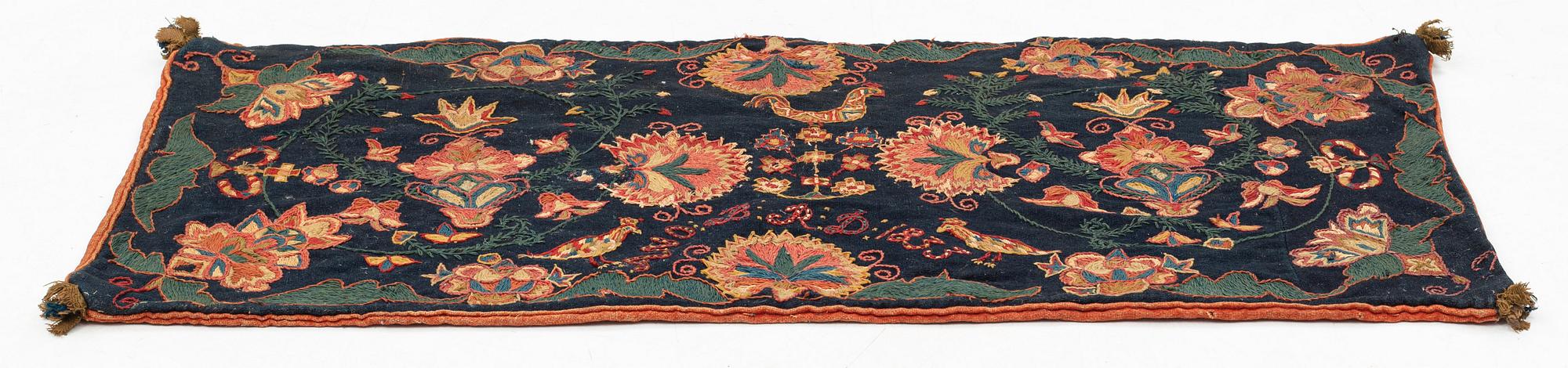 Åkdyna, broderad, ca 102 x 77 cm, signerad och daterad ANO BRD 1833, Skåne.