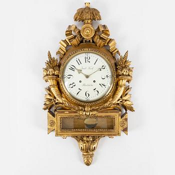 A gilt Gustavian wall clock, Jacob Kock (Royal Clockmaker in Stockholm 1762-1803).