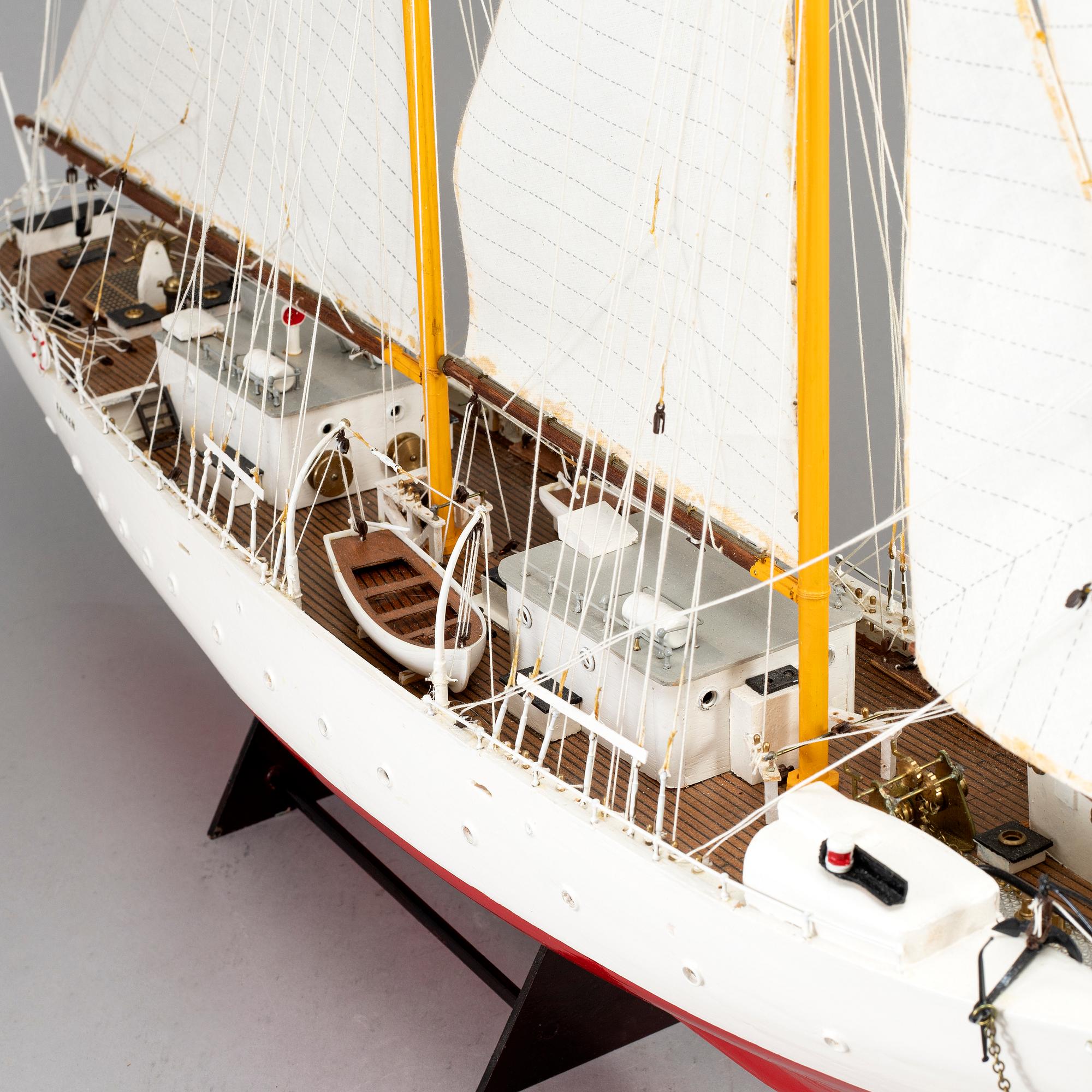 A painted wood ships model of Swedish navy ship 'Falken'.