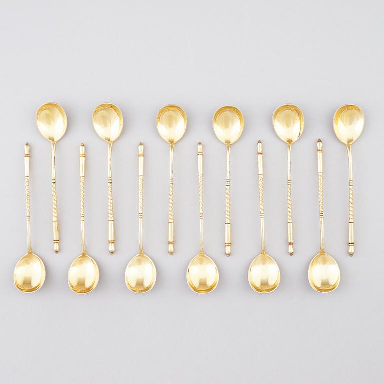Twelve gilt silver teaspoons, marks of Nikolai Alekseev, Moscow 1886.