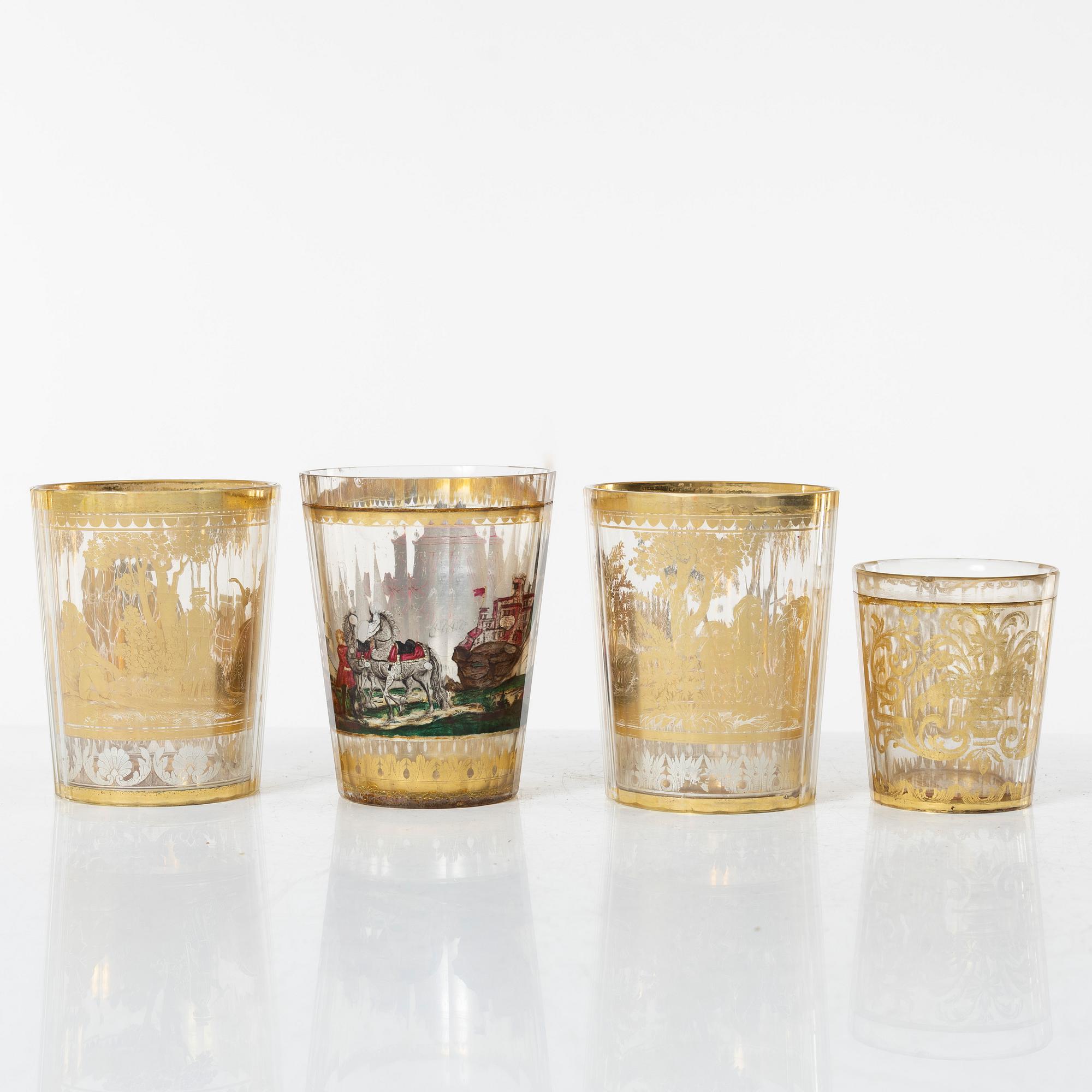 Four zwischengoldglas glasses, three of historic style from around the year 1900, one older.
