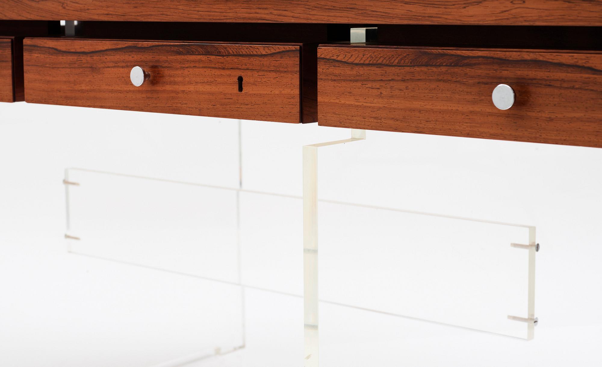A Poul Nørreklit palisander top desk with plexiglass base, Sigurd Hansens Møbelfabrik, Denmark 1960's.