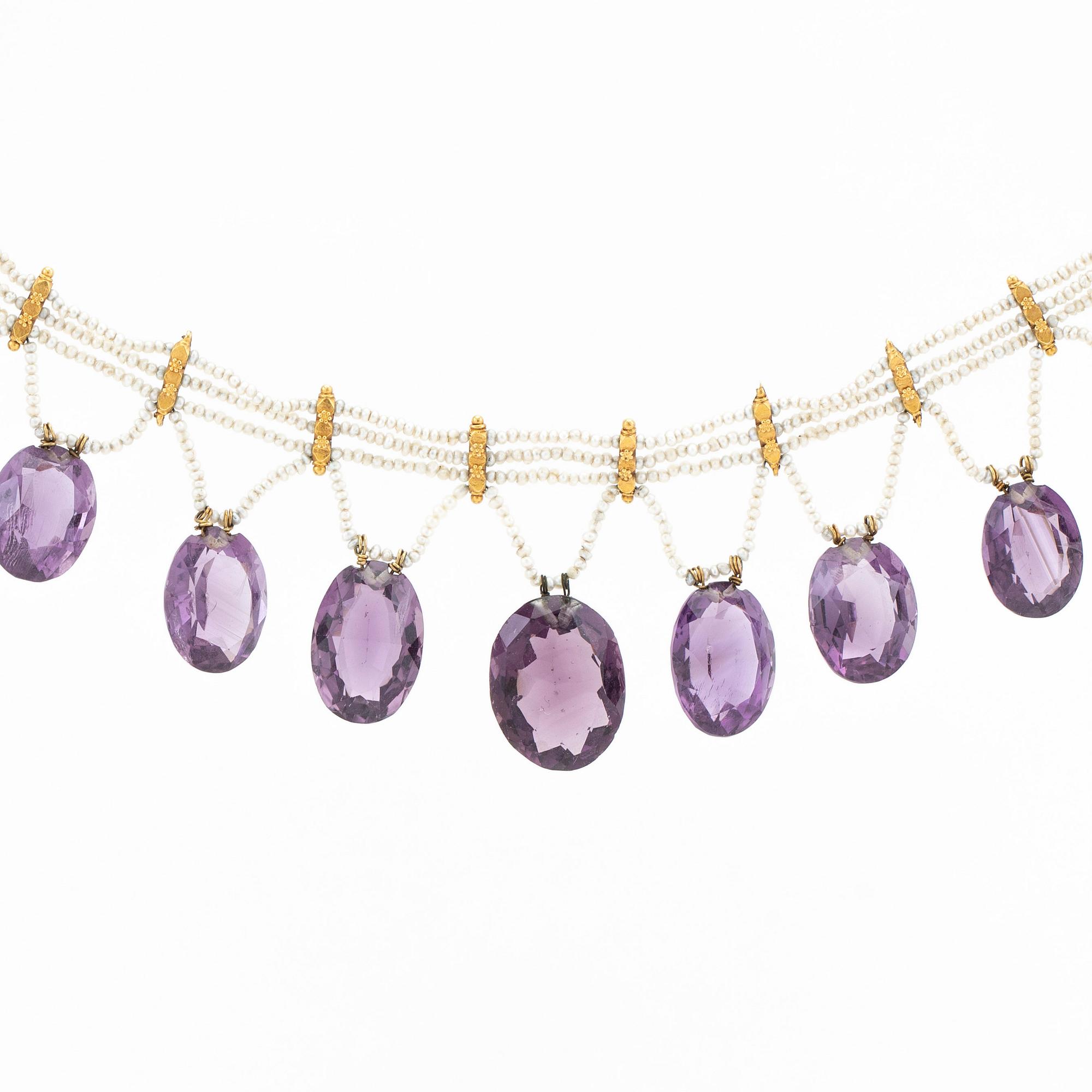 Necklace, 18k gold with amethysts and seed pearls.