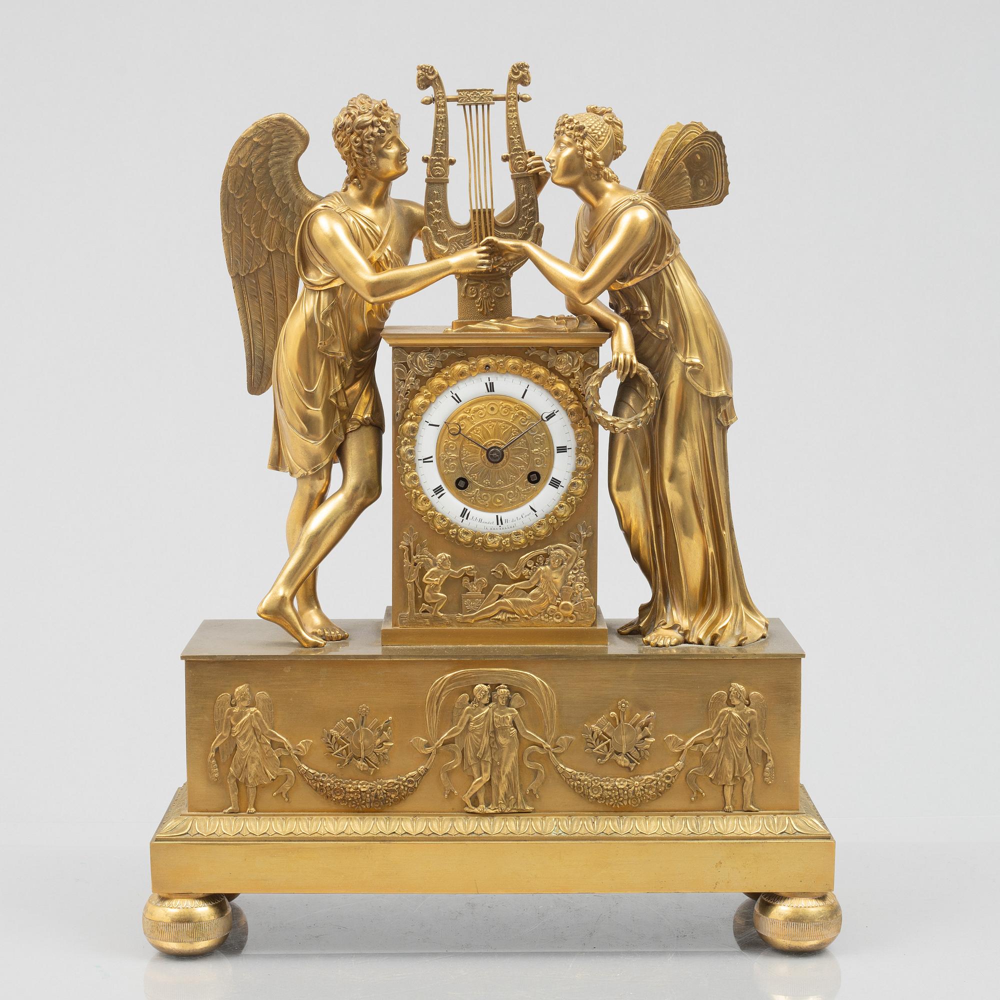 An Empire mantel clock signed J.J. Hanset, Bruxelles, Belgium, first half of the 19th century.