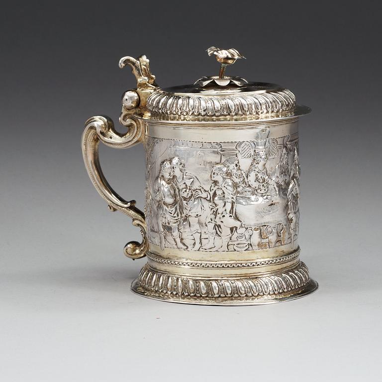 A Greman parcel-gilt tankard, makers mark possably Arnold Lange, Danzig (1699-1724).