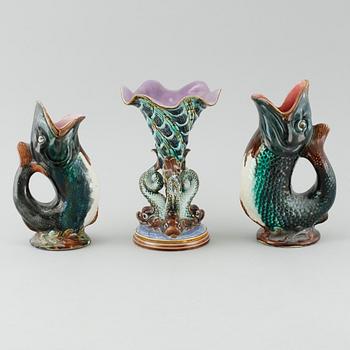 Three majolica vases, partly from Gustavsberg, around the year 1900.