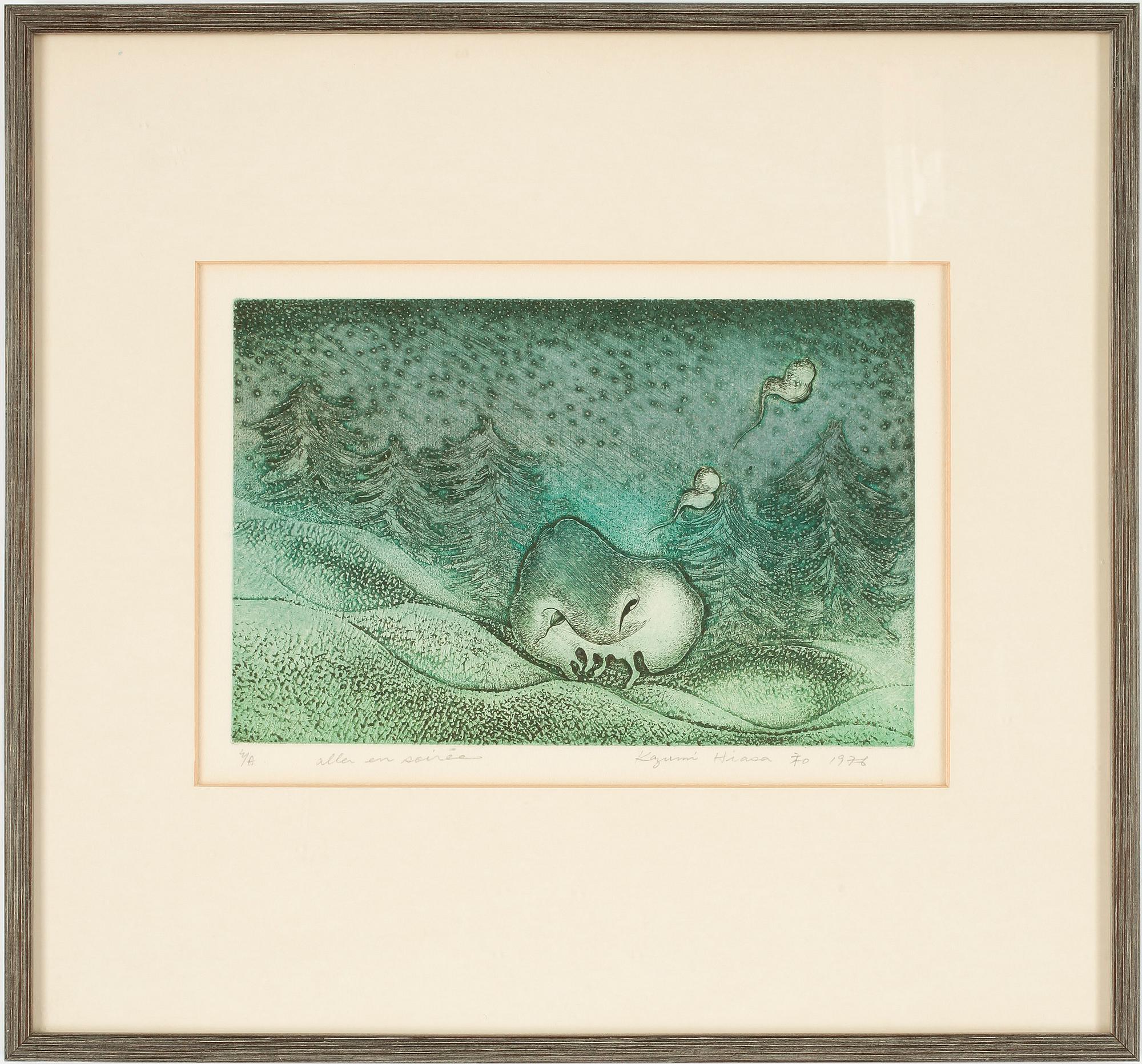 KAZUMI HIASSA, 3 st, etsningar, signerade och dat 76-79, Japan.