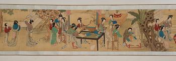 A fine painting of 100 ladies and attendants in a palace garden, and with calligraphy, late Qing dynasty (1644-1912).