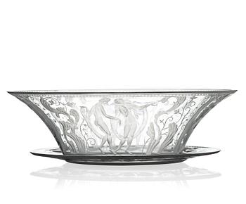 Simon Gate, an engraved glass bowl and stand, Orrefors, Sweden  1924, model 147.