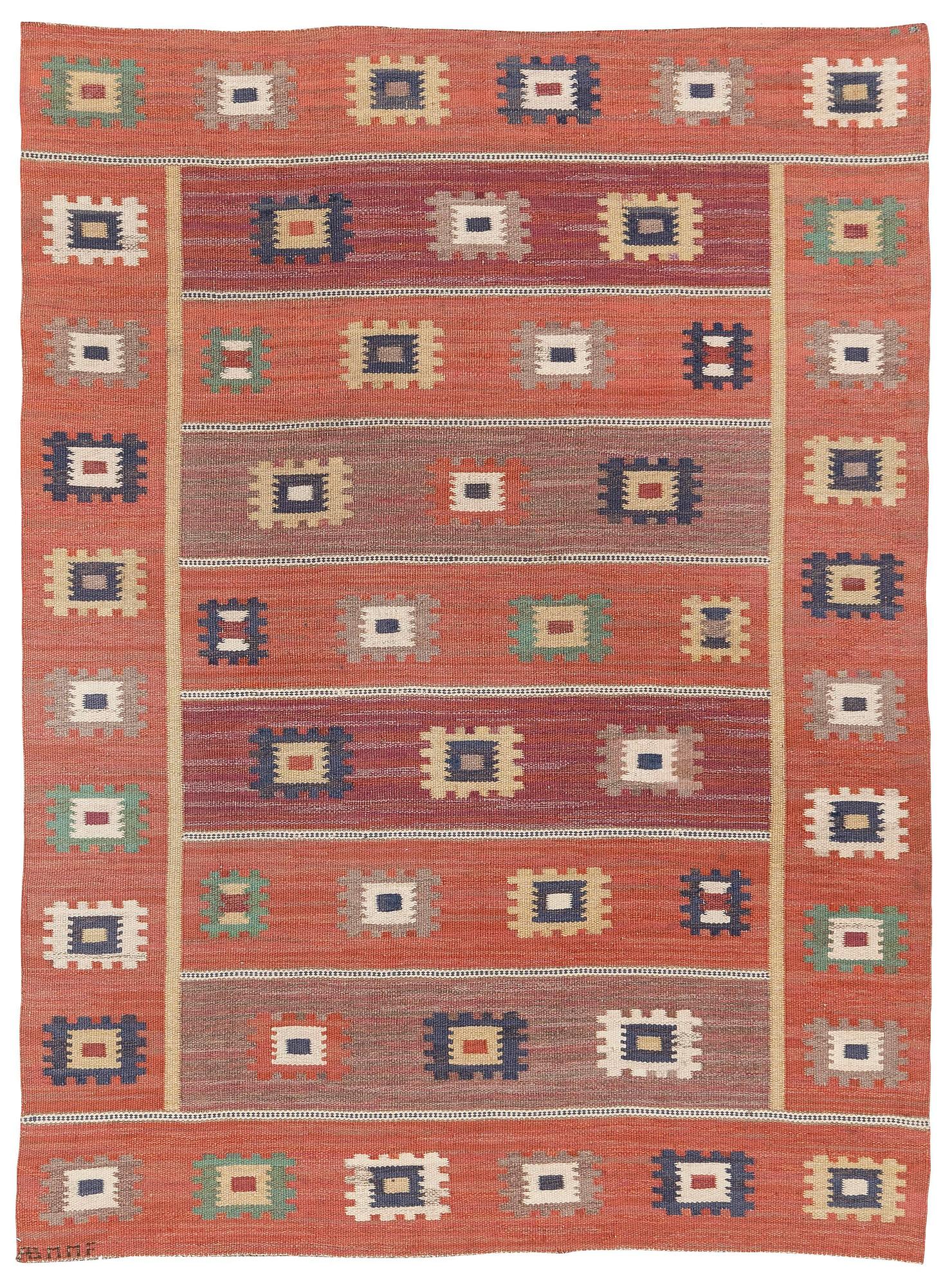 Märta Måås-Fjetterström, a carpet, 'Röd grön äng', flat weave, c. 242 x 177 cm, signed AB MMF.