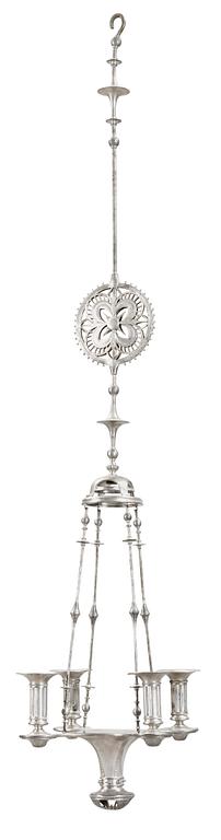 A Ferdinand Boberg four light pewter chandelier, Santesson's tenngjuteri, Stockholm 1905.