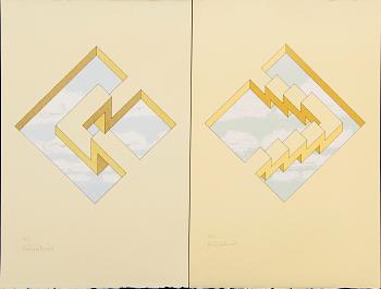 Oscar Reutersvärd, four colour lithographs, signed HC and EA.