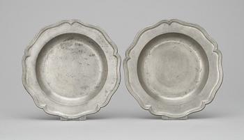 388. Two Swedish pewter rococo plates.