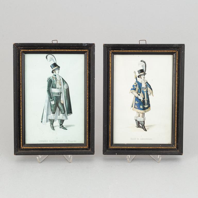 A set of twelwe hand-coloured litographs of Swedish chivalric orders by Adolf Ulrik Schützercrantz.