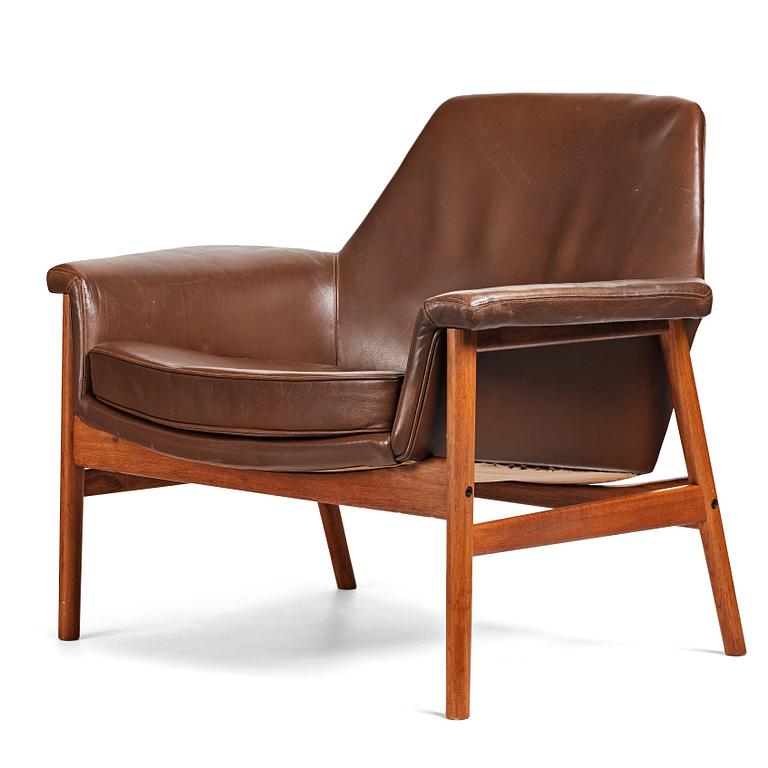 Ib Kofod-Larsen, a teak and brown leather easy chair, Olof Perssons Fåtöljindustri (OPE), Sweden, 1950-60's.