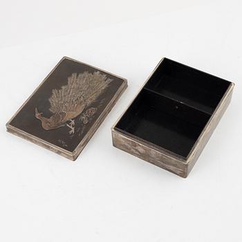 A Japanese silvered box, 20th Century. Signed.