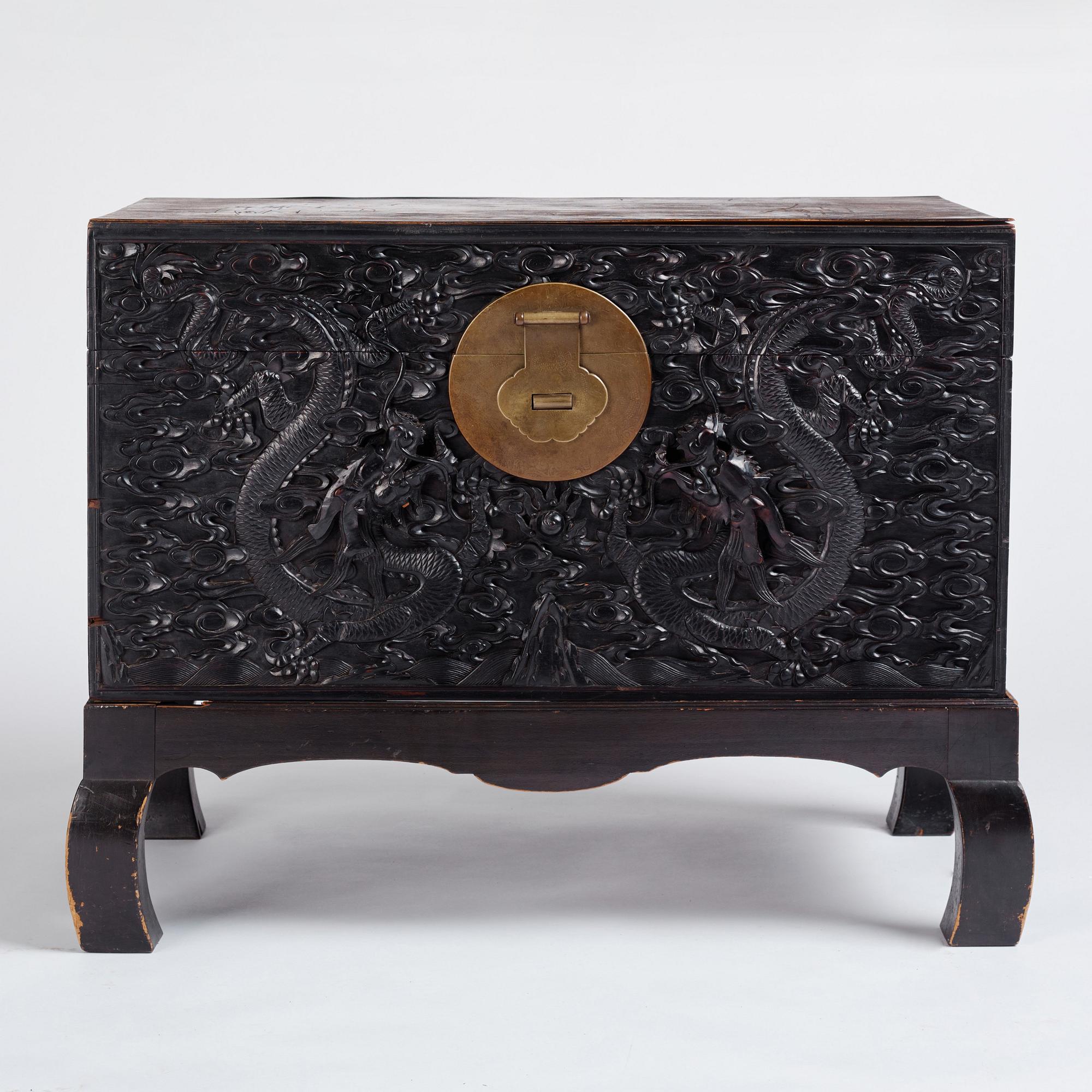 A massive 'five clawed dragon' hardwood storage chest, Qing dynasty, 19th century.