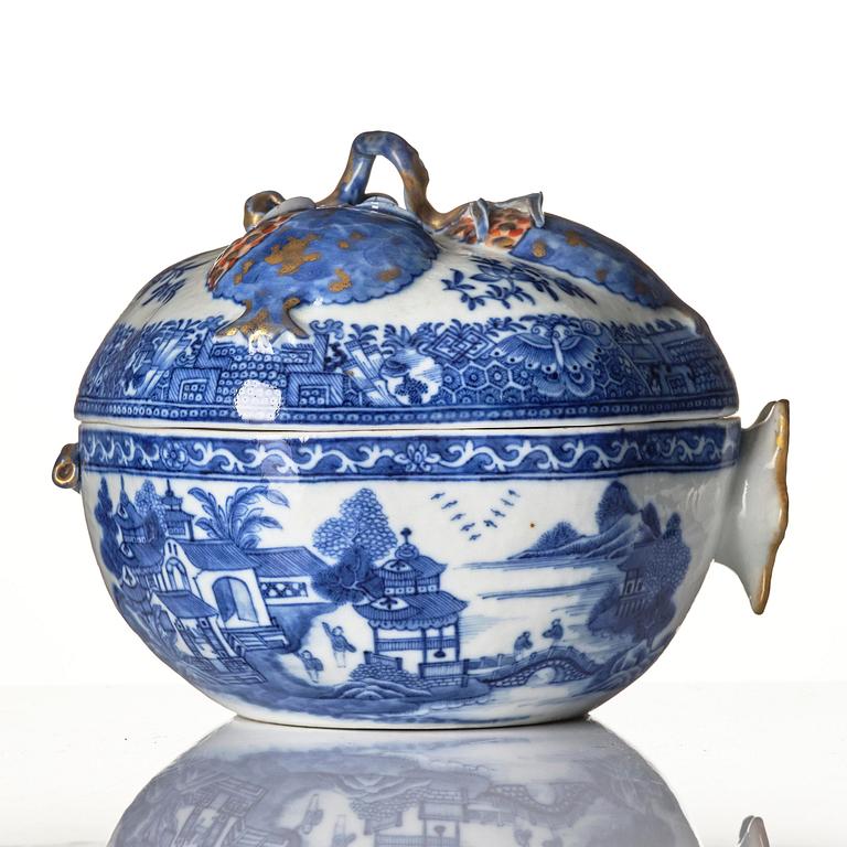 A Chinese blue and white 'pomegranate' tureen with cover and stand, Qing dynasty, Qianlong (1736-95).
