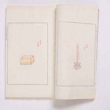 A book, four volumes, numerously illustrated with woodcuts in colours, "Shi zhu zhai jian pu" by Hu Zhengyan.