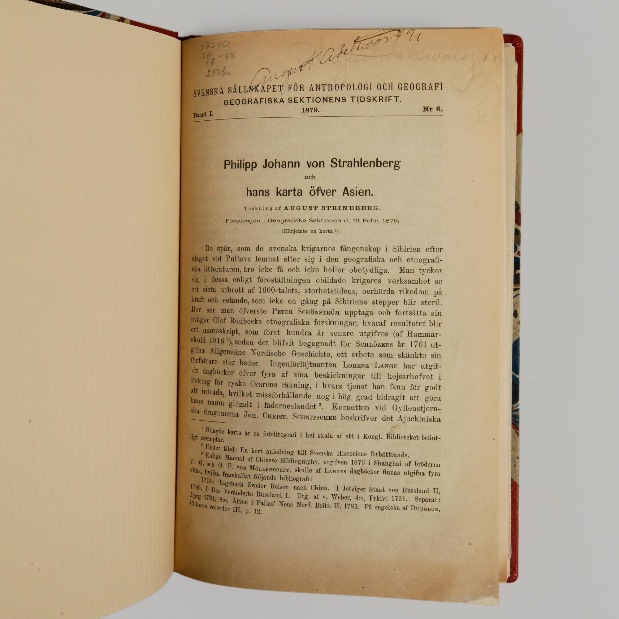 BÖCKER, 2 exemplar, "Philipp Johann von Strahlenberg och hans karta öfver Asien", August Strindberg, Stockholm 1879.