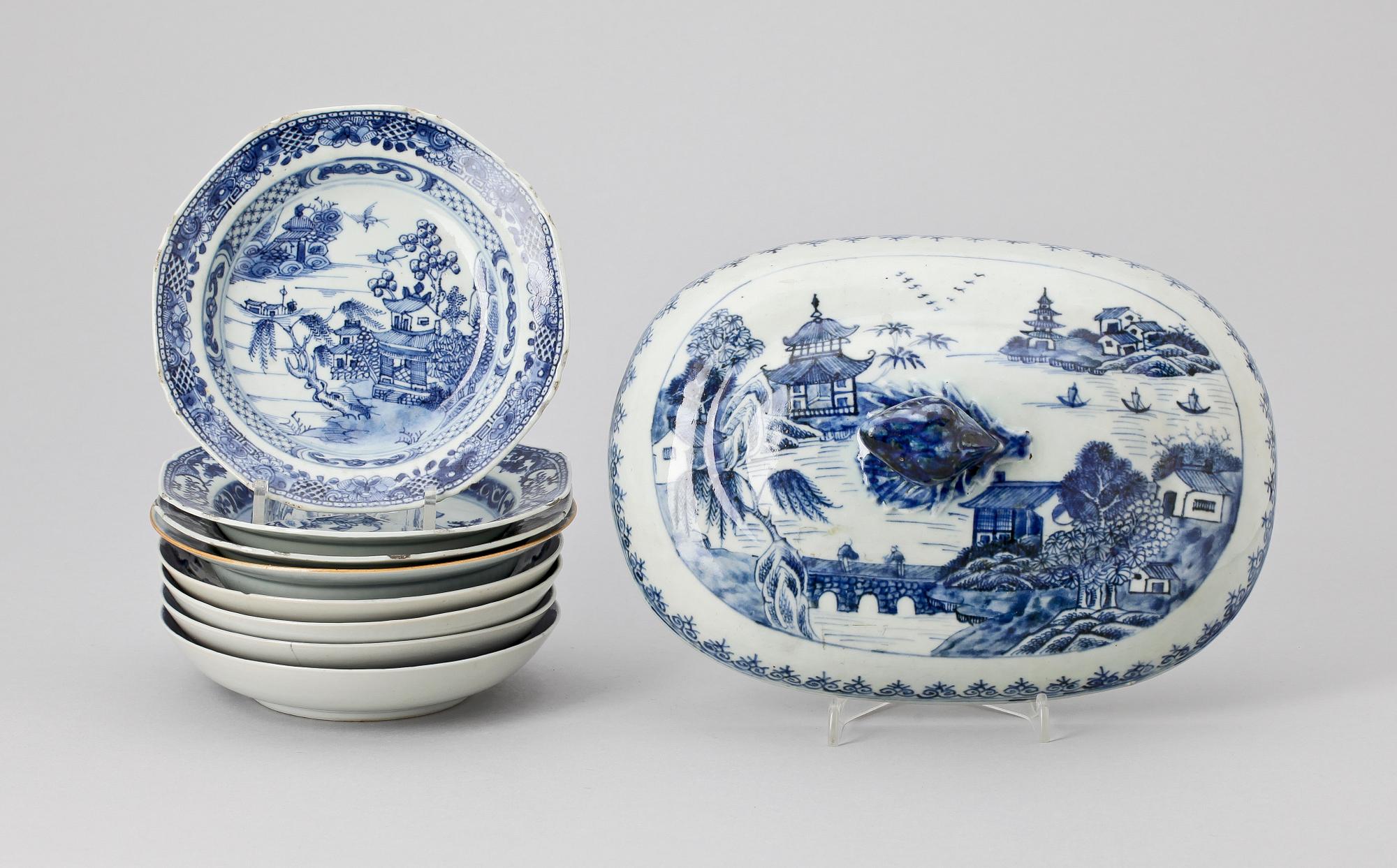 PARTI KOMPANIPORSLIN, 9 delar, mest Qianlong, Kina 1700-tal.