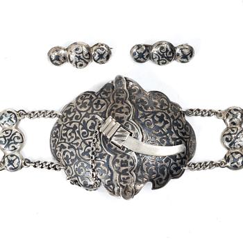 Belt/waistband and two brooches, silver, Russia 1896–1908.