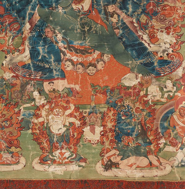 A Tibetan thangka of Vajrabhiarava with Tsongkhapa at the top, 19th Century.