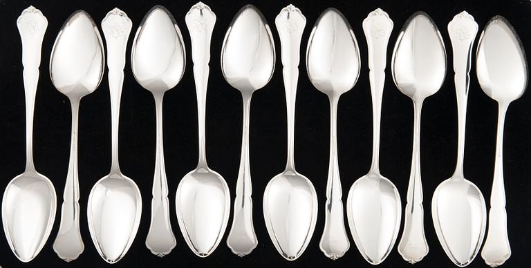 BESTICK, 80 delar, silver, "Chippendale", Kultakeskus, Tavastehus, 1950-tal. Totalvikt utan knivar ca 1963 g.