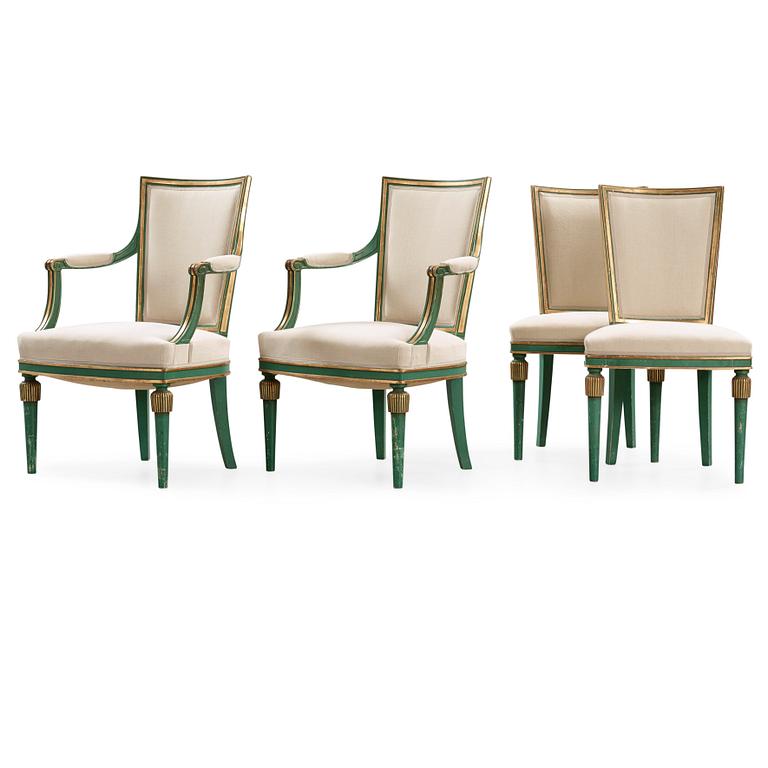 A set of two Swedish Grace armchairs and two chairs 'Marieberg' by Nordiska Kompaniet, ca 1929-30.