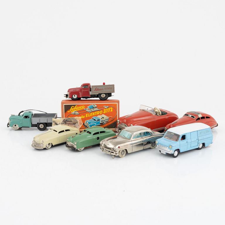 A set of eight toy cars, mostly Schuco, 20th century.
