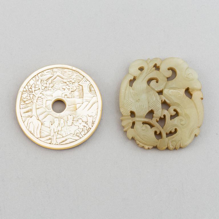 A carved mother of pearl placque and a nephrite placque, China, late Qingdynasty.