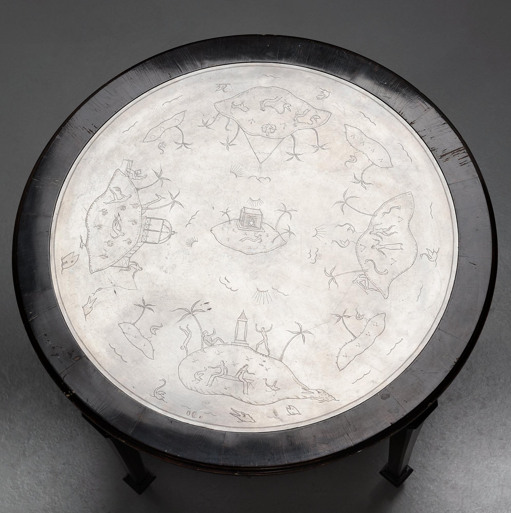 A Nils Fougstedt engraved pewter top table, Svenskt Tenn, Stockholm 1926.