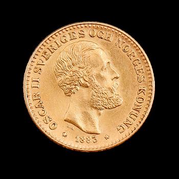 GULDMYNT, 10 kronor, Oscar II, 1883. Vikt ca 4 gram.