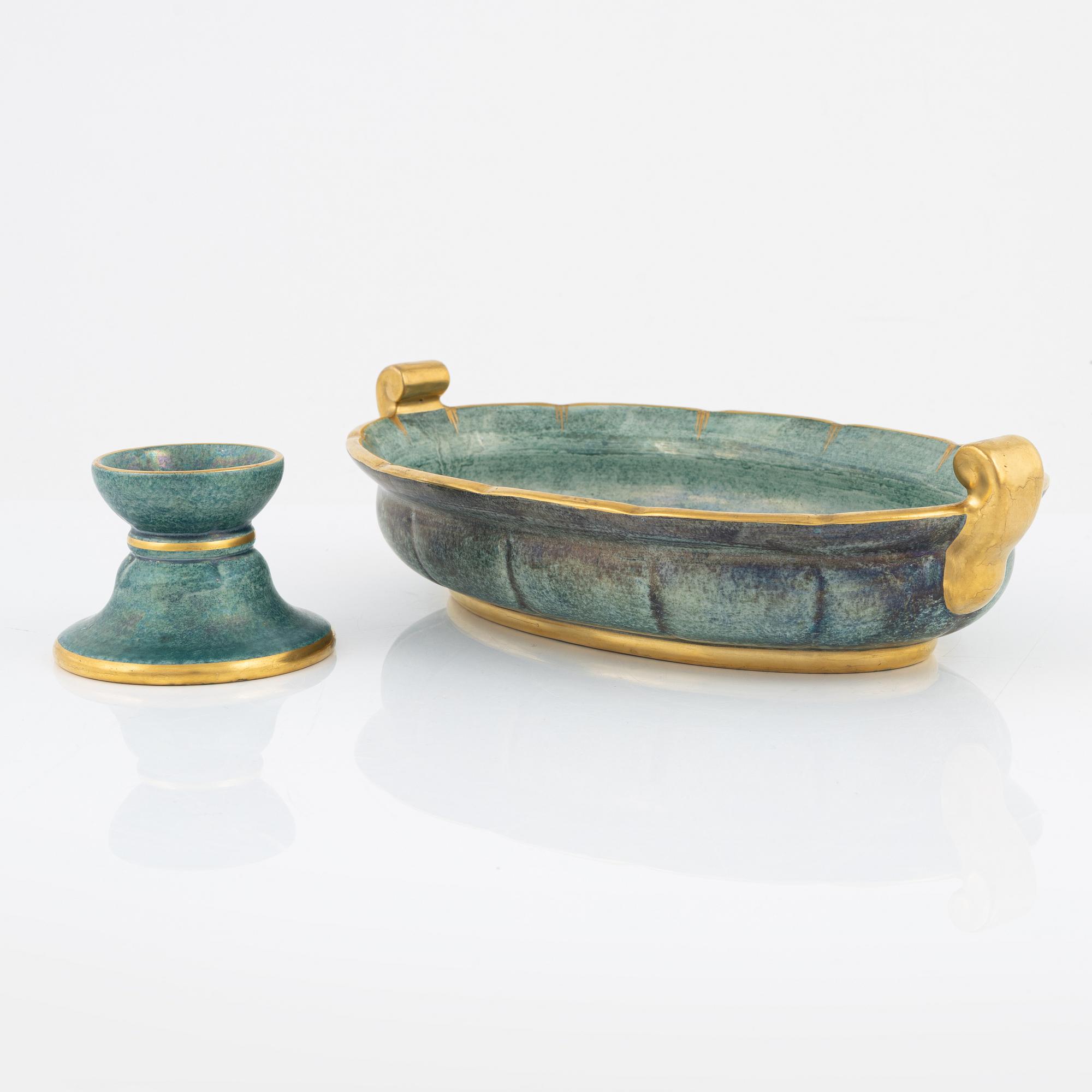 Josef Ekberg, skål och ljusstake, flintgods, Gustavsberg, 1920/1930-tal.