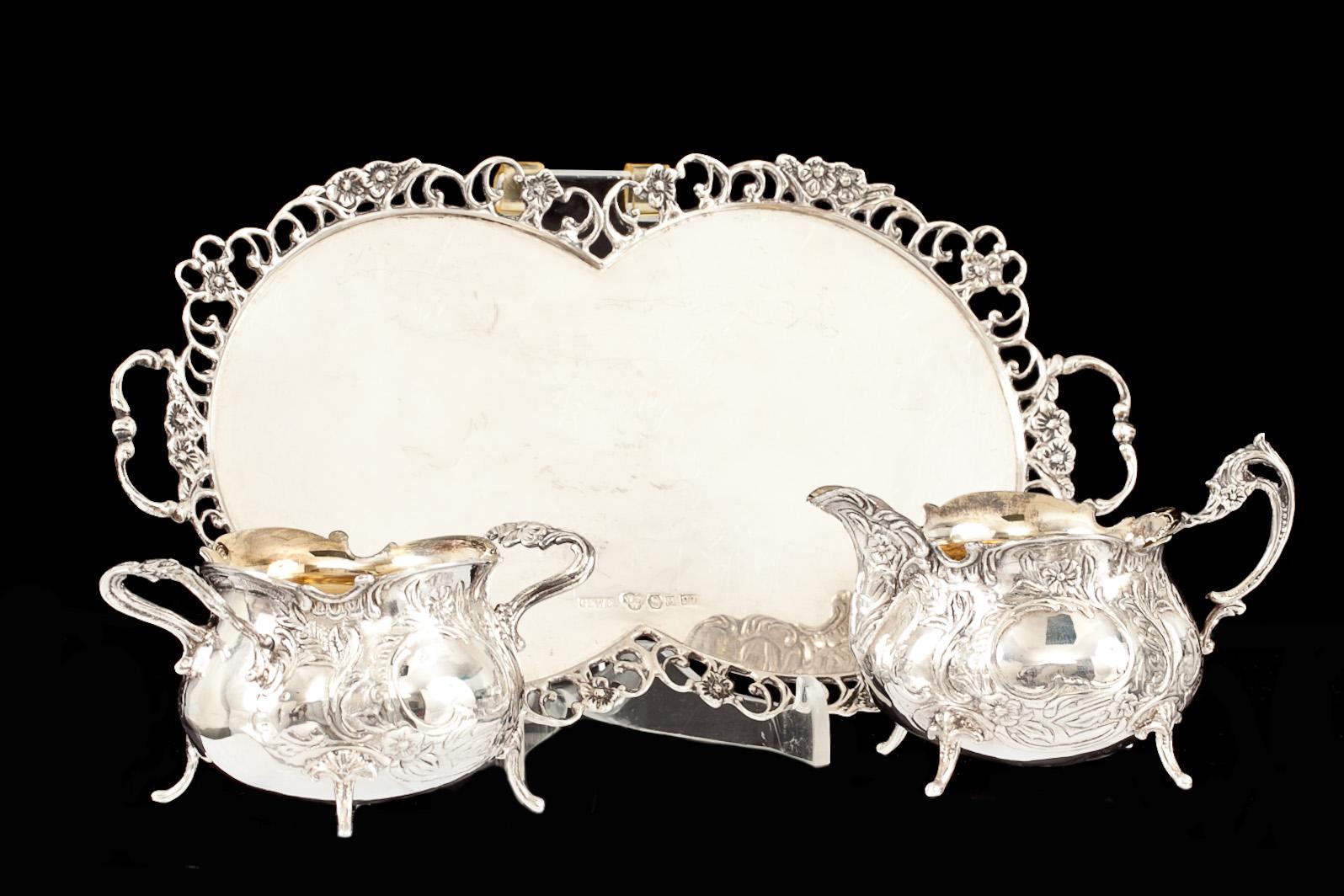 BRICKA, SOCKERSKÅL och GRÄDDKANNA, silver, GEWE, Malmö, 1960 och 70-tal, vikt ca 380g.