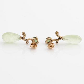 Earrings with prehnite, green tourmalines, and octagon-cut diamonds.