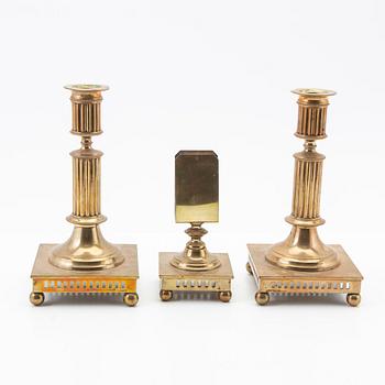Candelsticks, a pair, and a match holder, Torshammars Bruk, late 19th century/early 20th century.