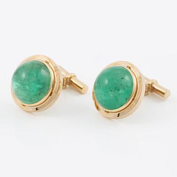 Cufflinks, a pair, 14K gold with cabochon-cut emeralds.
