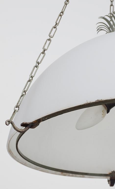 A Gunnar Aspelund iron and white glass hanging lamp, Böhlmarks, Sweden,