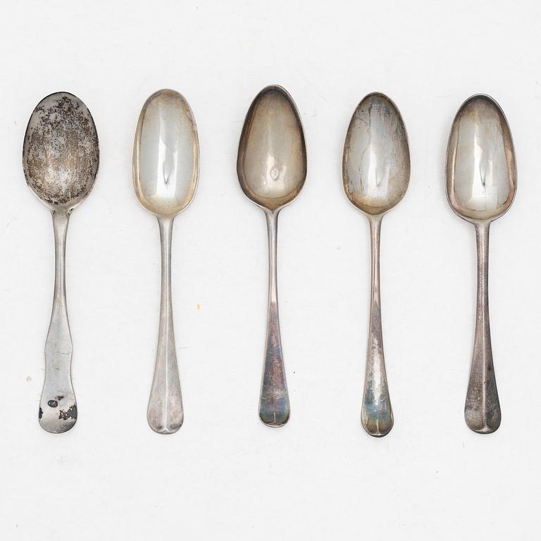 Five silver spoons, England and Sweden, 18th century.