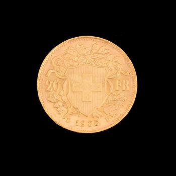 GOLD COIN, 20 fr, Switzerland 1935. Weight ca 6,5 g.