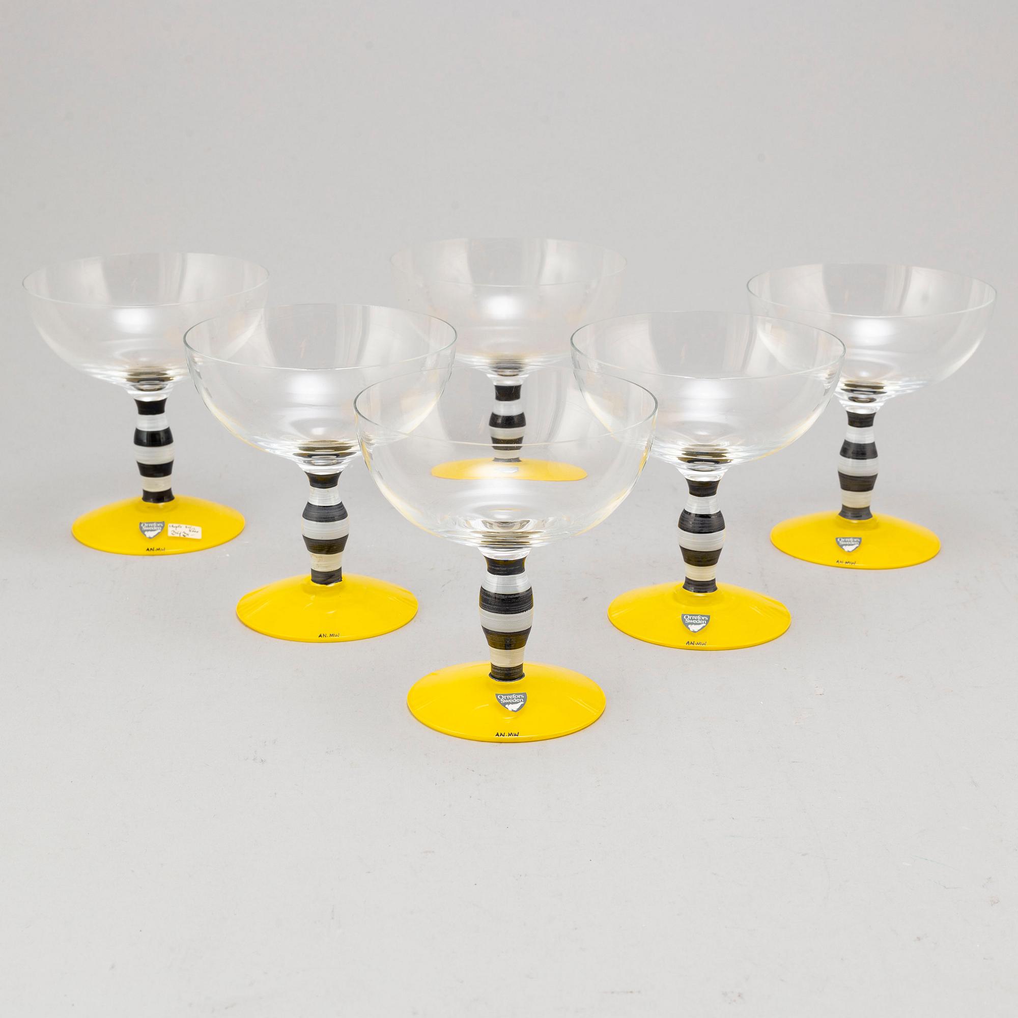 ANNE NILSSON, champagnekupor, 6 st, glas, "Polka", Orrefors, 1900-talets andra hälft.