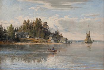 SUMMER LANDSCAPE WITH A ROWING BOAT.