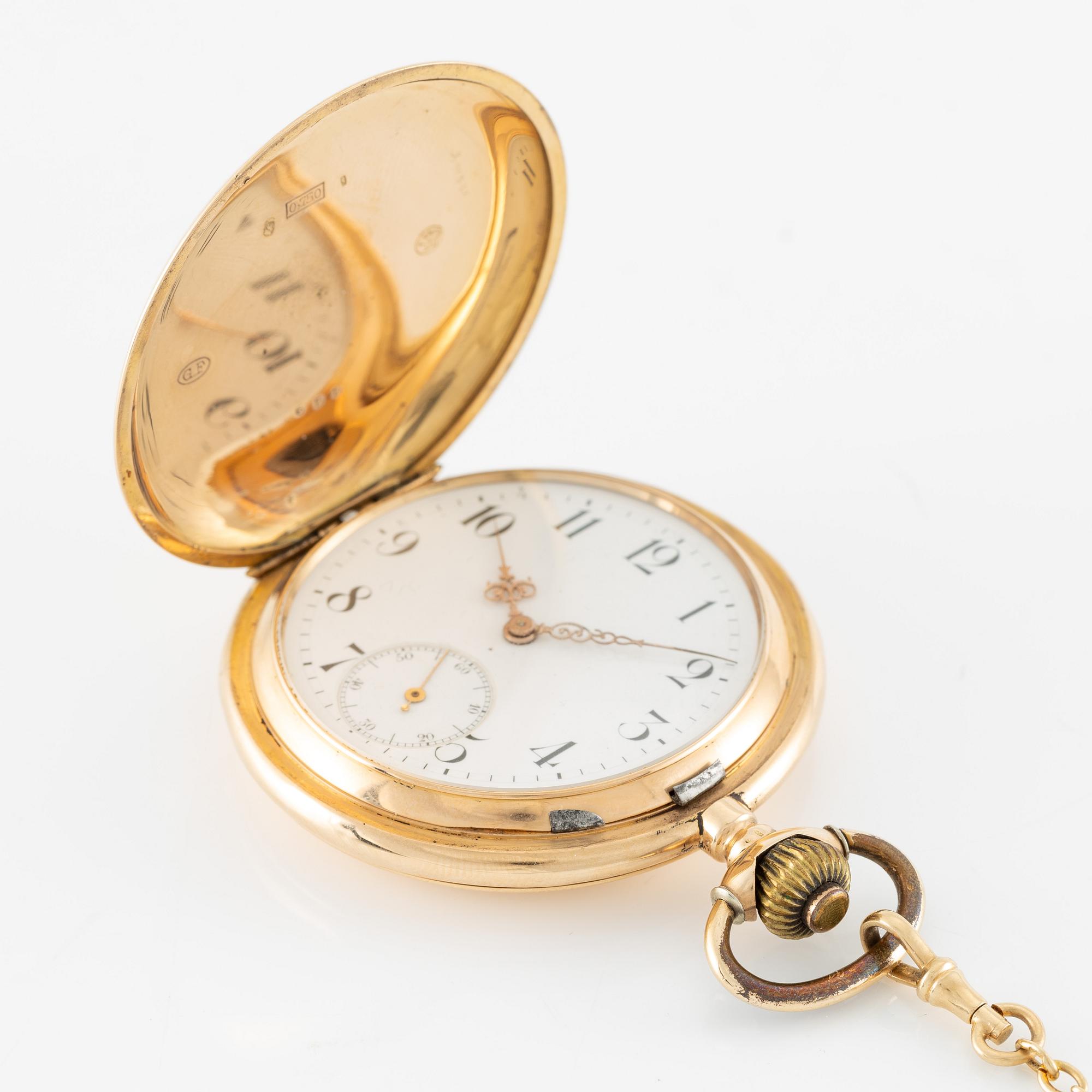 Grosjean Freres, pocket watch, 18K gold, hunter, chain in 18K gold, 53 mm.