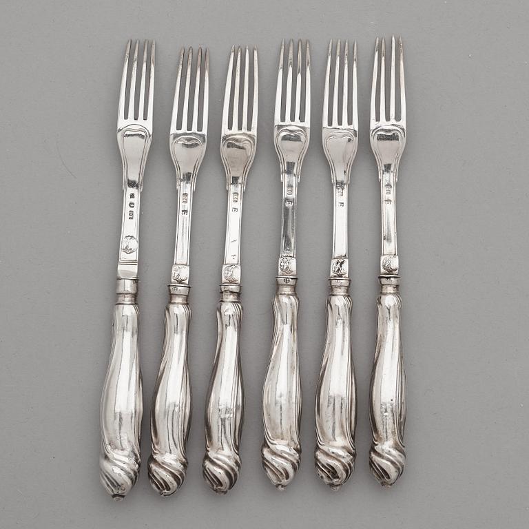 Isak Trybom, dessertgafflar, 6 st, silver, Stockholm 1763. Rokoko.