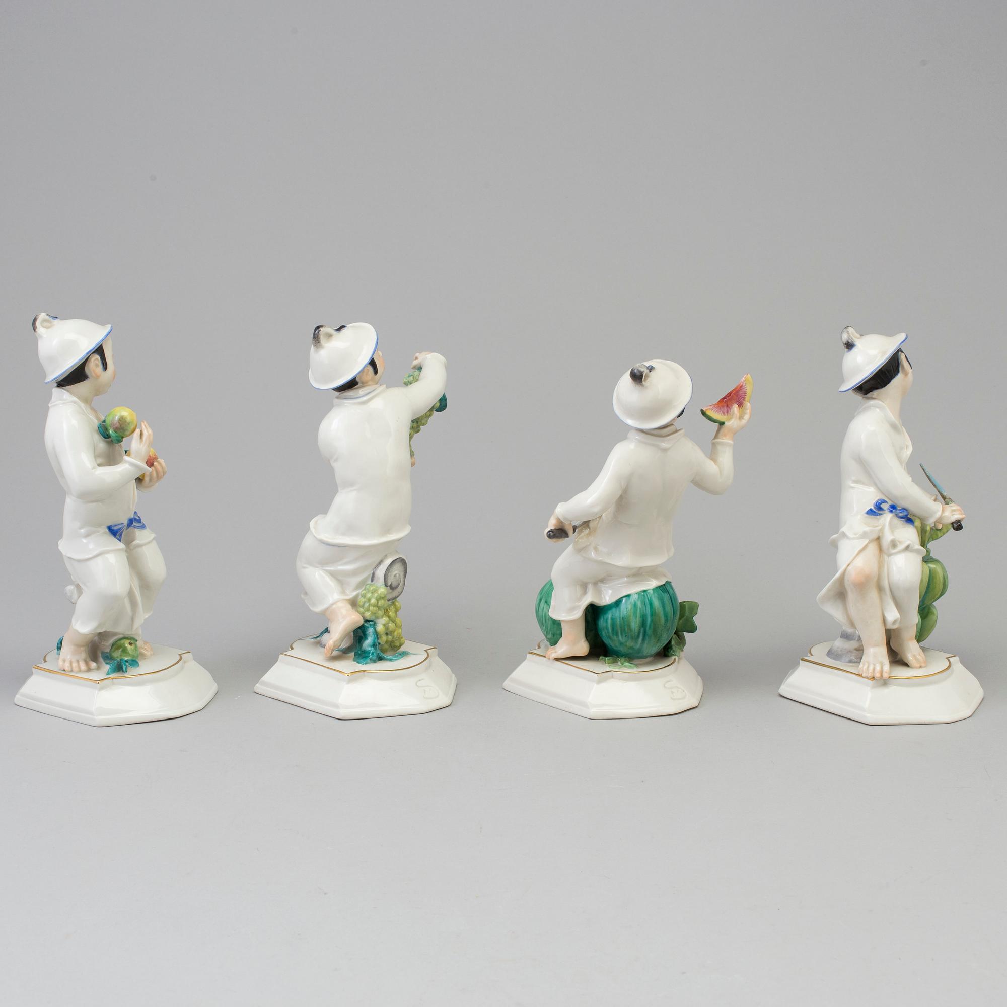 A group of four German figurines of Japanese women with fruit, Swarzburger Werstättet, Unterweissbach, Germany, 1930's.