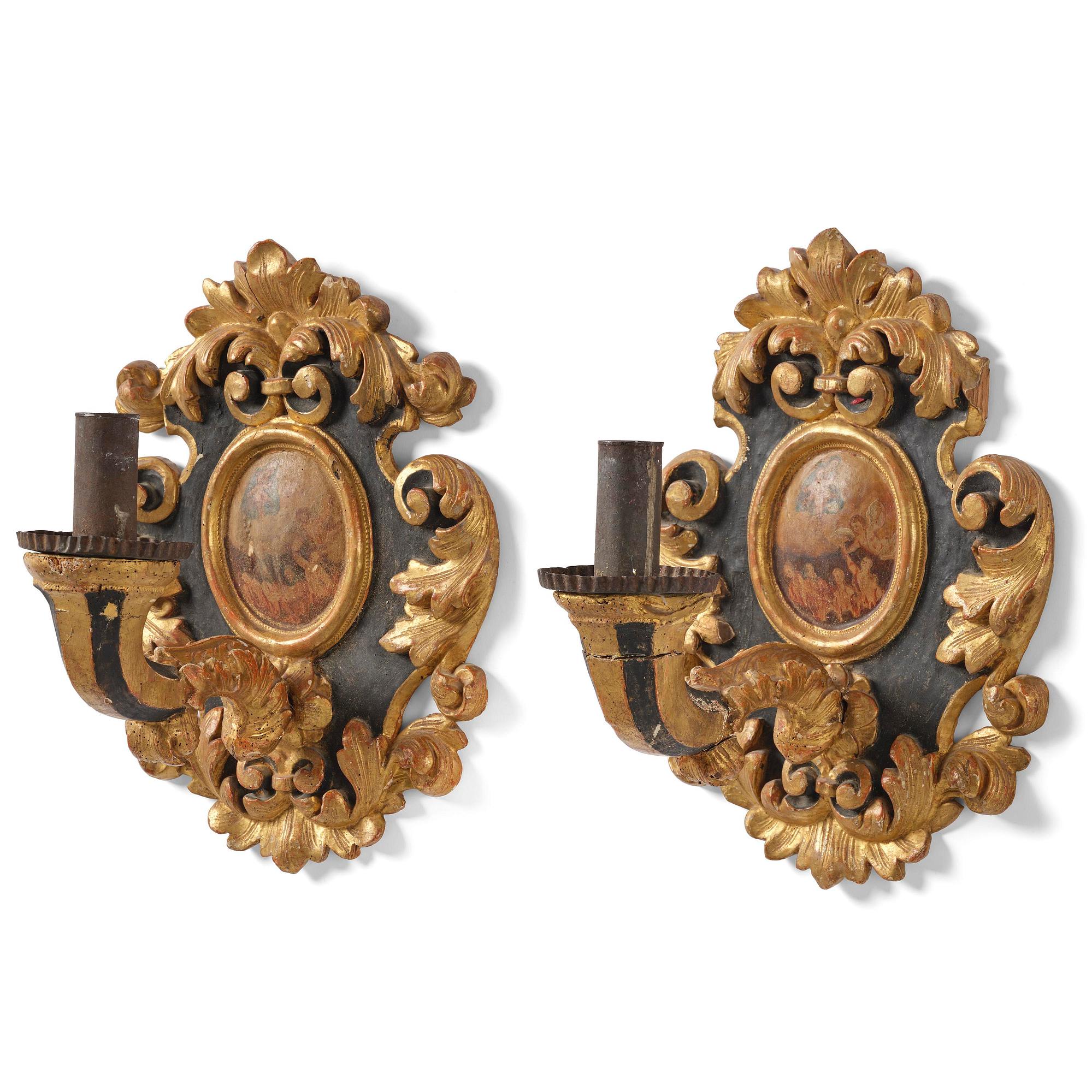 Wall sconces, a pair for one candle, Italy, 19th century, Baroque style.