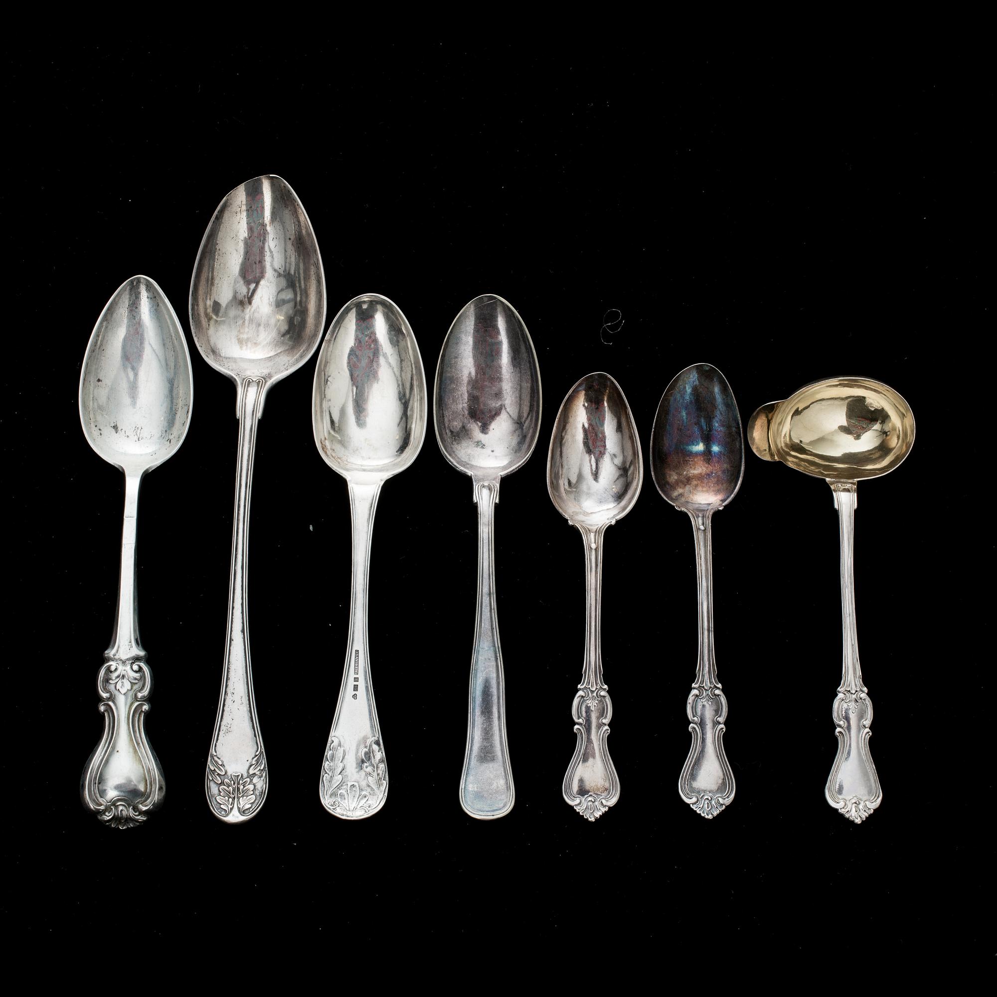 PARTI SILVER, 7 st, Bland annat Hans Georg Vogt, Kristianstad. 1839. Vikt ca 398 g.