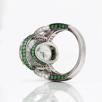 A circa 15.86 ct prasiolite, tsavorite and diamond ring. Total weight diamonds circa 0.40 ct. Made by Charles Greig.