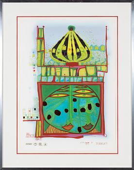 Friedensreich Hundertwasser, Fotolitografi och serigrafi med metallprägling, 1984. SIgnerad och numrerad 5426/10002.